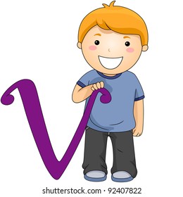 Illustration of a Kid Standing Beside a Letter V