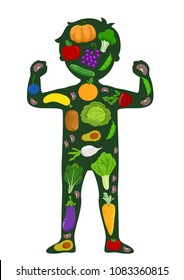 Illustration of a Kid Strong Body Silhouette with Fruits and Vegetables Covering His Whole Body