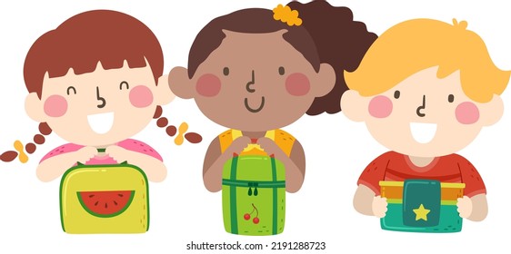 Illustration of Kid Students Showing their Lunch Boxes with Fruit and Star Design