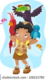 Illustration of a Kid Surrounded by Birds