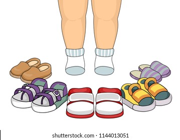Illustration of a Kid Toddler Feet with Socks and Different Shoes for Fitting