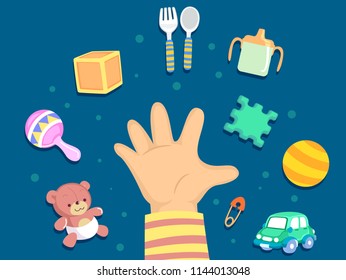 Illustration Of A Kid Toddler Hand With Teddy Bear, Rattle, Block, Spoon, Fork, Cup, Puzzle, Ball, Pin And Car Toy