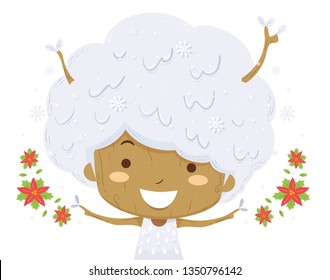 Illustration of a Kid Tree with Snow on Her Hair and Poinsettia