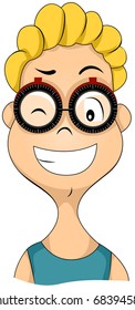 Illustration of Kid Trying to find a Suitable Pair of Eyeglasses / A Kid wearing a Trial Lens