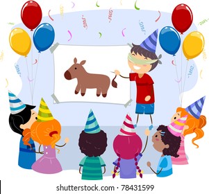 Illustration of a Kid Trying to Pin the Donkey's Tail