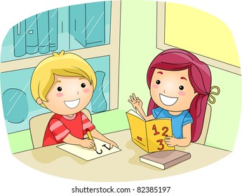 Illustration of a Kid Tutoring Her Friend