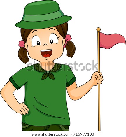 Illustration of a Kid Wearing Girl Scout Uniform Holding a Pink Flag