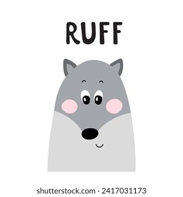 Illustration for kid with wolf and text Ruff. Cute design background, baby clothes, room birthday decor, t-shirt print, wear fashion, invitation card