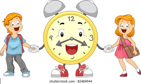 Illustration of Kids and an Alarm Clock Holding Hands