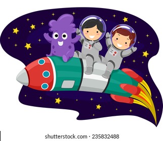 Illustration of Kids and an Alien Riding on a Space Rocket