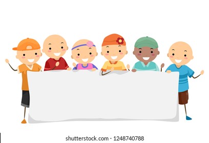 Illustration of Kids with Alopecia Holding a Blank Banner