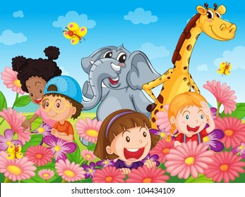 Illustration of kids with animals