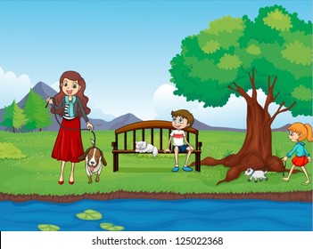 Illustration of kids and animals in a beautiful nature