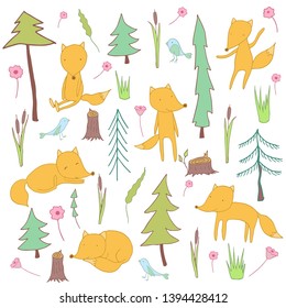 Illustration for kids with animals and plants. Includes fox, trees, birds, flowers, grass and leaves.  Isolated on white for greeting cards, scrapbooking and textiles. In orange-green tones.