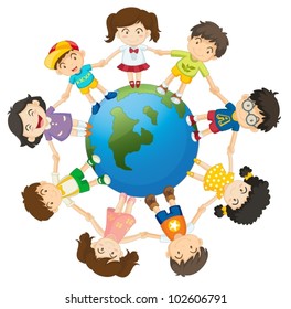 Illustration of kids around the Earth