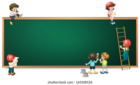 Illustration of the kids around the empty greenboard on a white background
