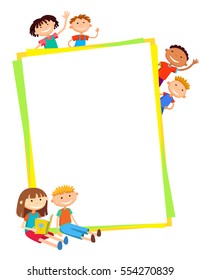 illustration of kids around vertical banner behind poster vector isolated background