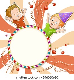 Illustration of kids with background for text and cherry 