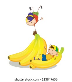 illustration of kids and banana on a white background