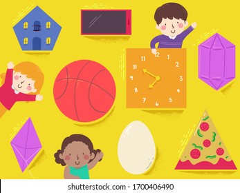 Illustration of Kids and Basic Geometry Shapes and Common Objects