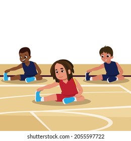 Illustration Of Kids In A Basketball Camp. Stretching His Right Leg During Exercise