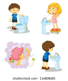 illustration of kids and bathroom accessories on a white background