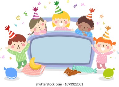 Illustration of Kids with Bed Having Pajama Party with Confetti, Balloons and Blank Board