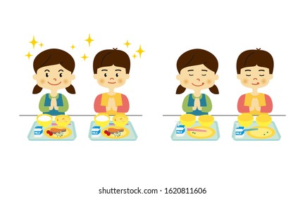 Illustration of kids before and after eating school lunch. Vector data on white background.