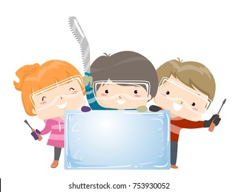 Illustration of Kids Behind an Ice Block Board Holding Ice Carving Tools like Saw and Chisel