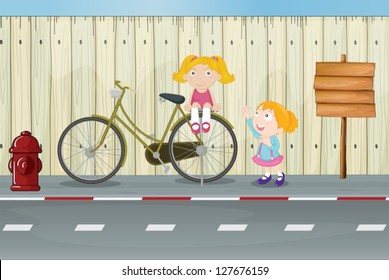 Illustration of kids, a bicycle, a fire hydrant and a notice board on a roadside