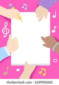 Ilustración de niños con papel en blanco y notas musicales para la escritura de canciones