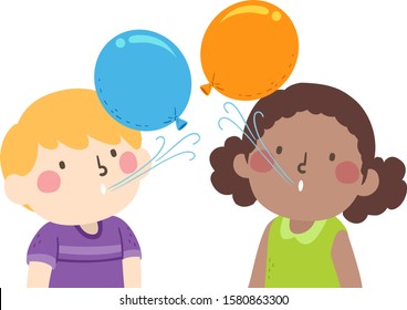Illustration of Kids Blowing Air to Balloons to Keep Them Up in the Air