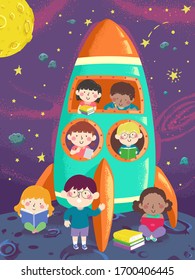 Illustration von Kindern mit Büchern in einem Weltraum auf dem Mond im Weltraum