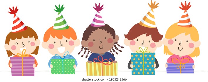 Ilustración de niños en la frontera sosteniendo regalos y sombreros del partido para el cumpleaños o la celebración