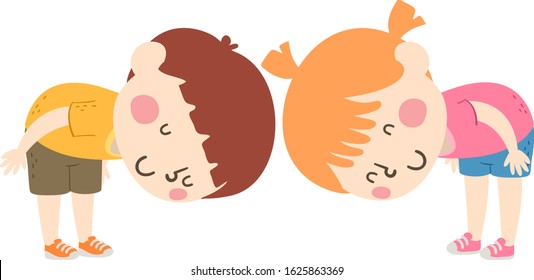 Illustration of Kids Bowing their Heads from Waist as Greetings