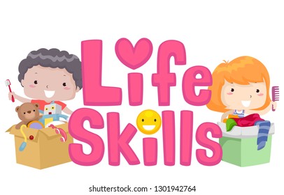 Illustration Of Kids With Boxes Full Of Clothes, Toys And Holding Comb And Toothbrush With Life Skills Lettering