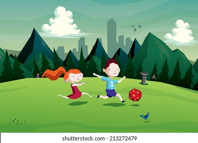 Illustration of kids ( boy and girl ) playing soccer with a ball in the park vector