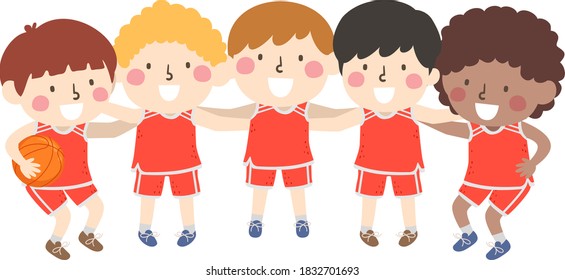 Illustration Of Kids Boys Basketball Team In A Huddle As They Plan During The Game