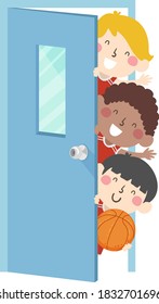 Illustration of Kids Boys Basketball Team Peeking from Inside the Door