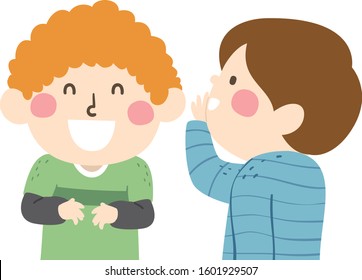 Illustration of Kids Boys Having Fun, One Boy Whispering Something to Another Laughing Kid