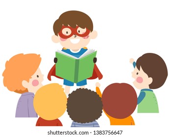 Illustration of Kids Boys Listening to a Kid Boy Wearing Superhero Costume and Reading a Book