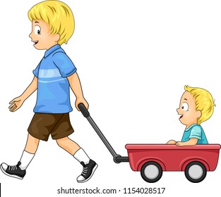 Illustration of Kids Boys with Older Brother Pulling Red Toy Wagon Carrying His Younger Brother