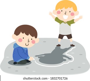 Illustration of Kids Boys Playing with their Shadows, One Boy Drawing Around the Shadow