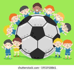 Illustration of Kids Boys Soccer Team in Uniform with a Big Soccer Ball