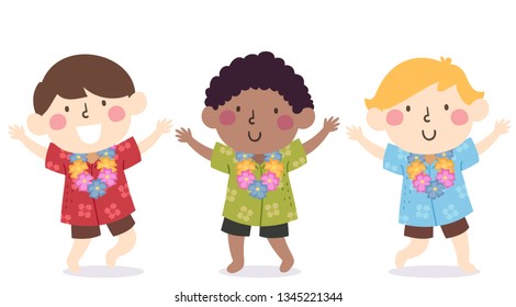 Illustration of Kids Boys Wearing Hawaiian Shirt and Flower Garland Necklace