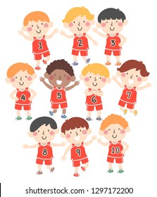 Illustration of Kids Boys Wearing Jersey with Numbers from One to Ten