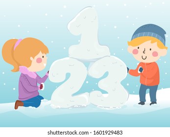 Illustration of Kids Building 123 Numbers Outdoors while Snow is Falling