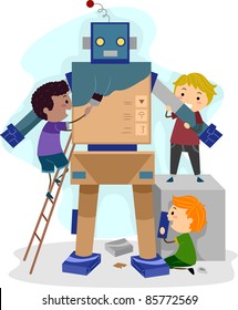 Illustration Of Kids Building A Robot
