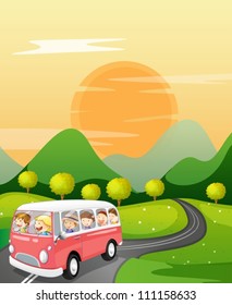 illustration of kids in a bus in beautiful nature