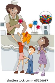 Illustration of Kids Buying Candy from a Candy Shop